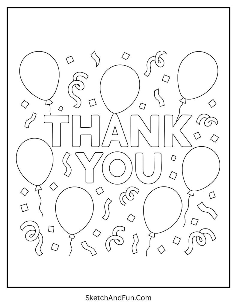 Thank you coloring pages free with balloons and confetti design for parties.