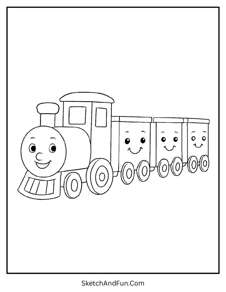 Train with smiling faces as easy coloring pages for adults.