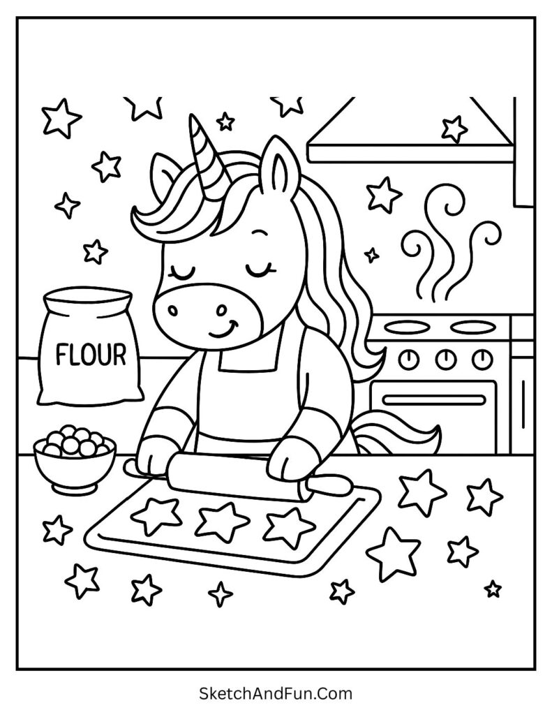 Unicorn craft coloring sheet with a unicorn baking cookies.