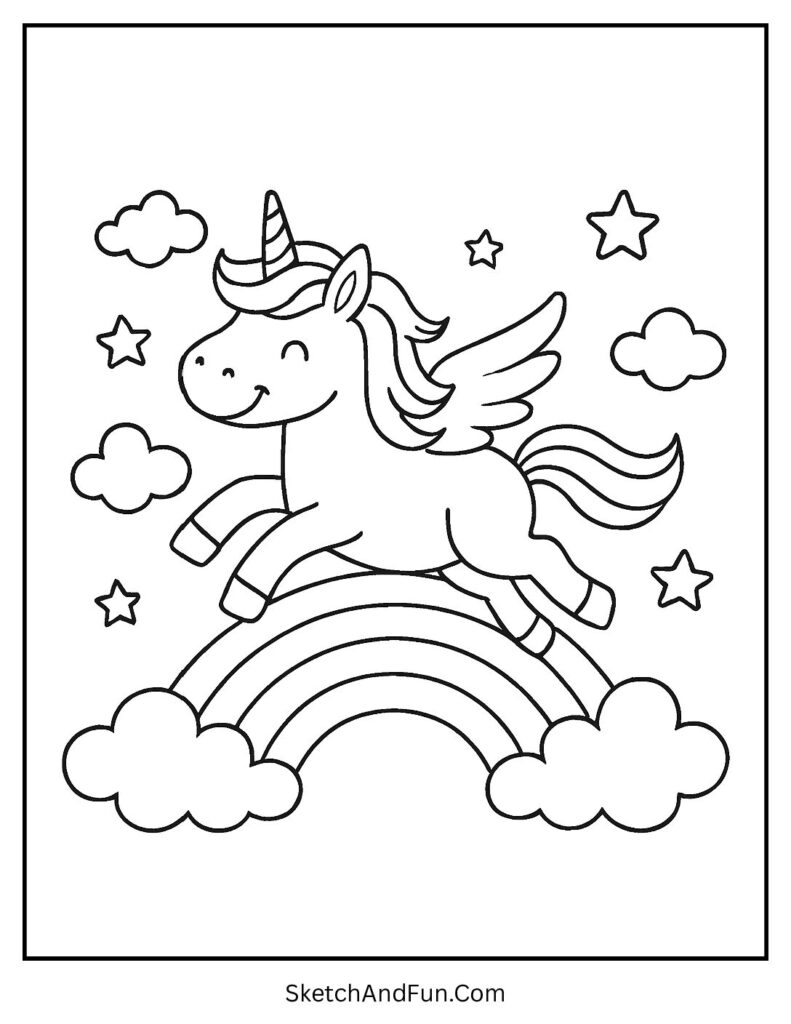 Unicorn and rainbow coloring pages with a happy unicorn flying over fluffy clouds.