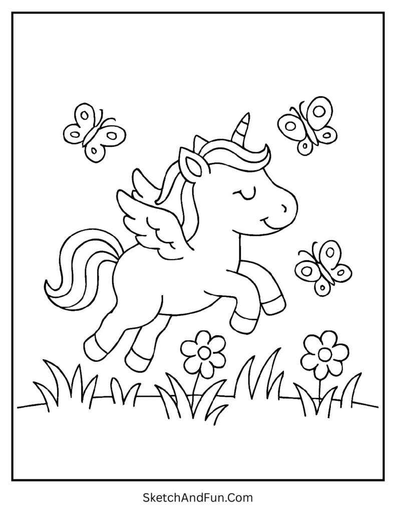 Pegasus unicorn coloring pages with a unicorn flying with butterflies.