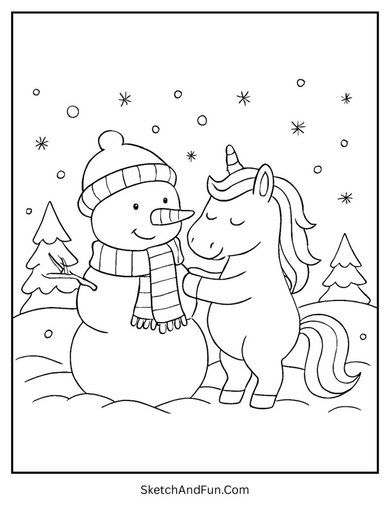 Unicorn Making a Snowman Coloring Page 1 pdf