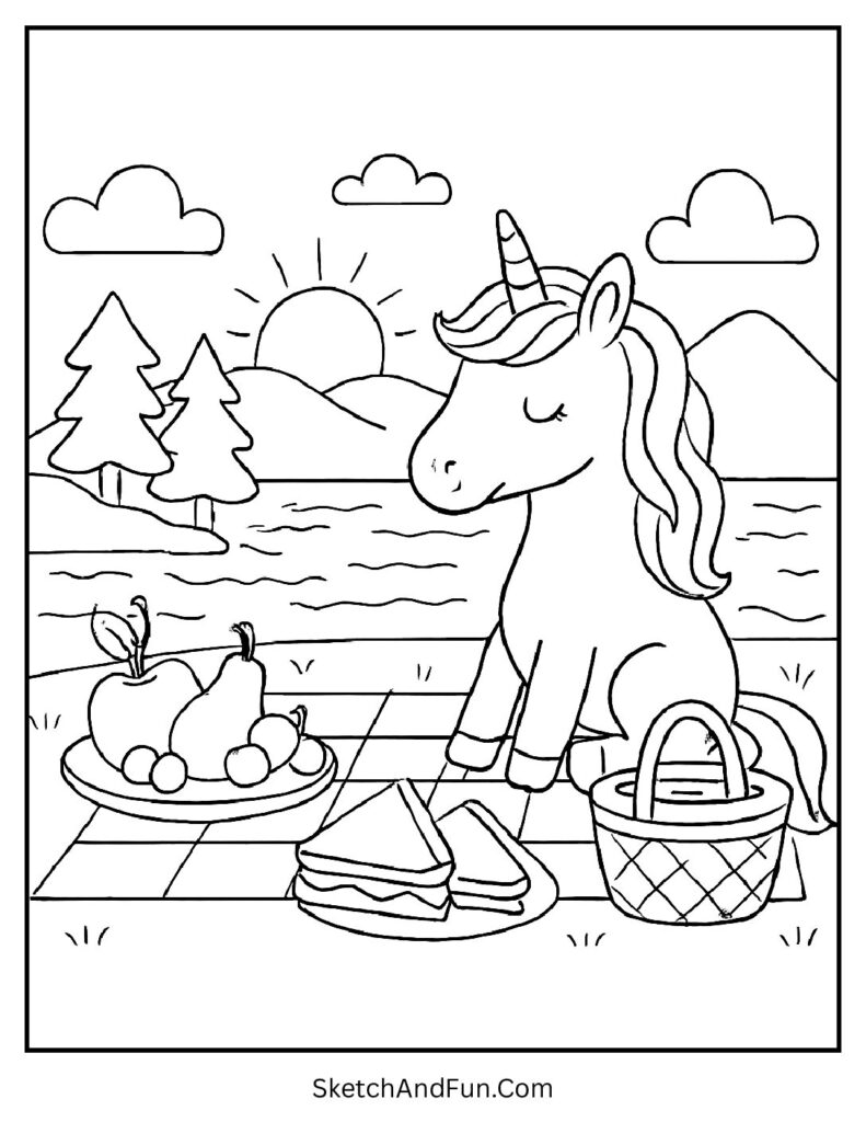 Unicorn printable coloring art with a unicorn picnic by the lake.