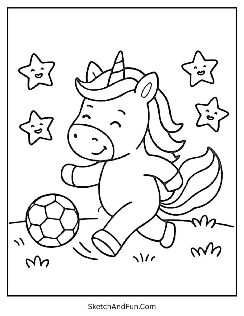 Unicorn coloring page large print with a unicorn playing soccer.
