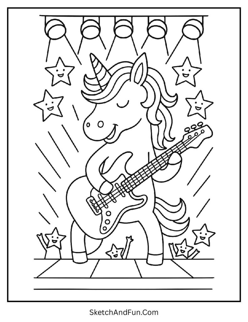 Unicorn coloring pages for teens with a unicorn playing guitar on stage.