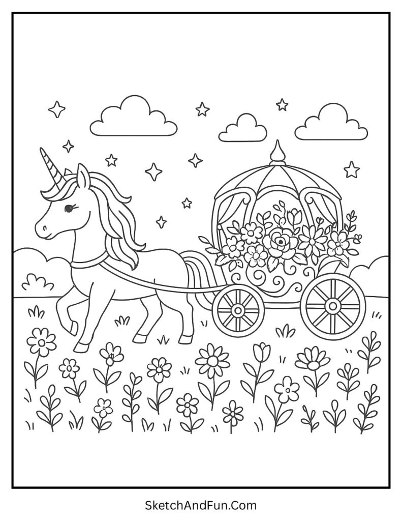 Unicorn and castle coloring pages with a unicorn pulling a magical carriage.