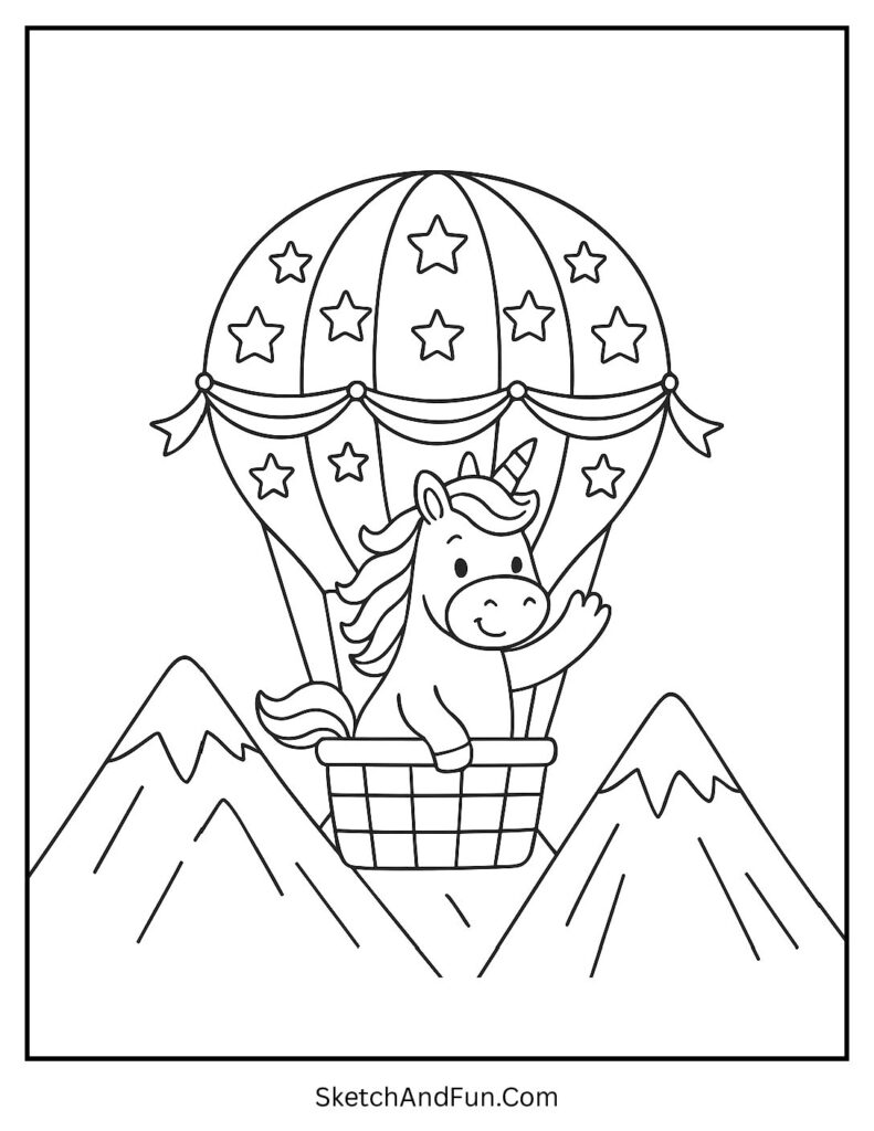 Unicorn coloring pages for preschool with a unicorn in a hot air balloon.