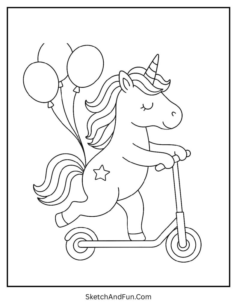 Unicorn coloring sheet printable pdf with a unicorn riding a scooter.