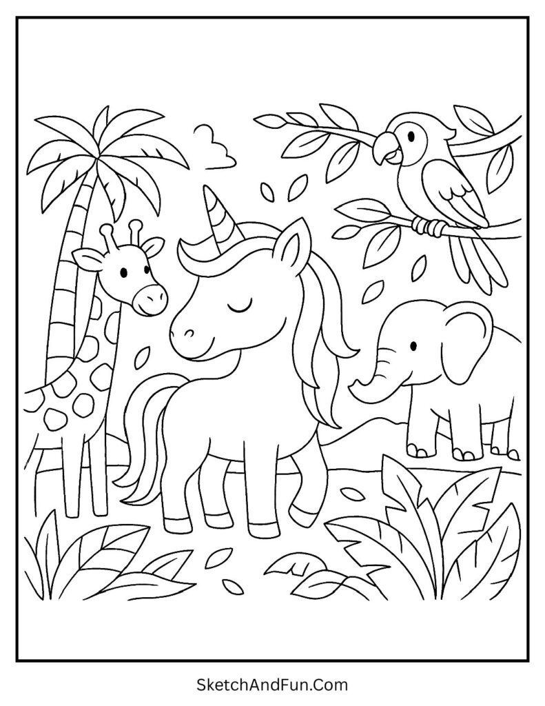 Unicorn coloring page blank template with a unicorn safari adventure.