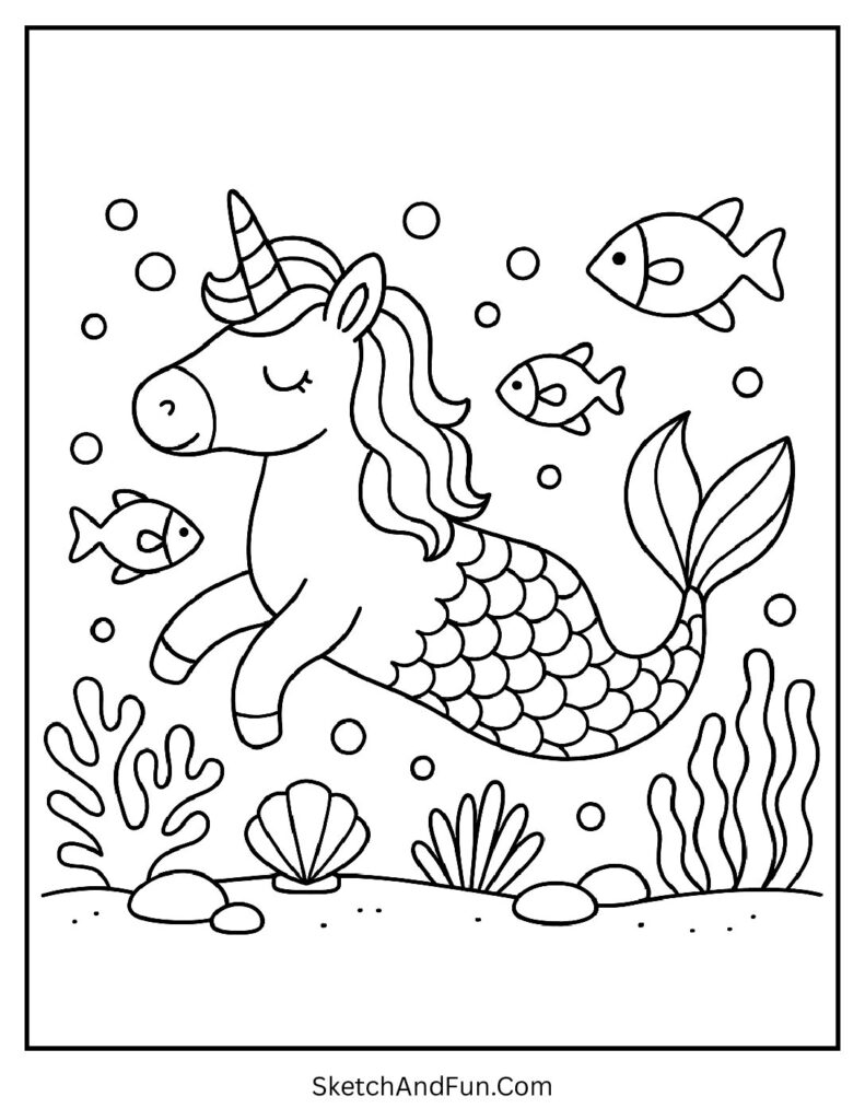 Unicorn fantasy coloring pages with a unicorn swimming under the sea.