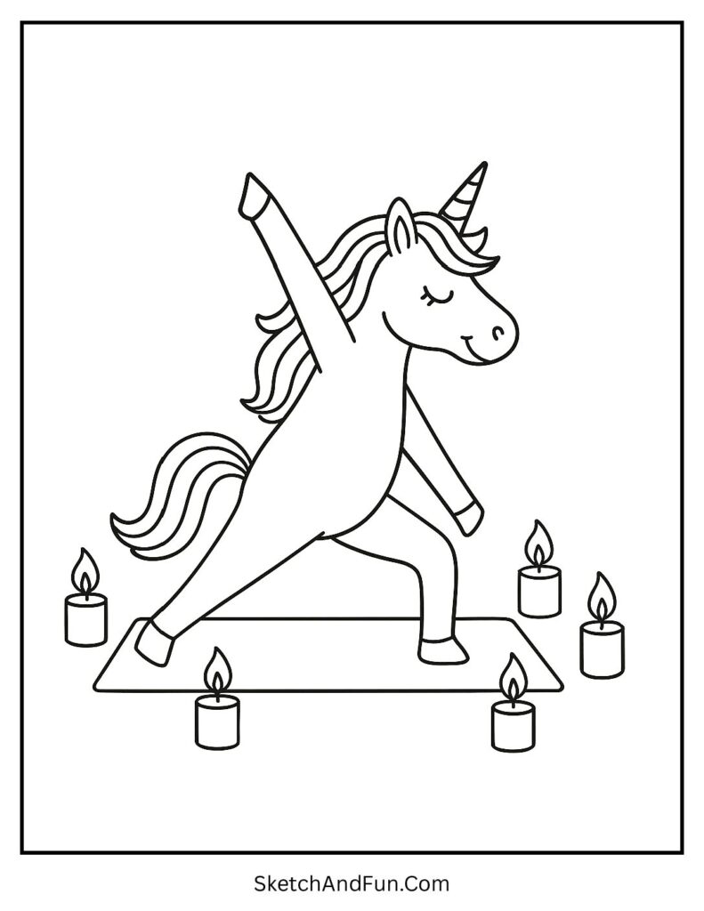 Unicorn mandala page printable with a unicorn doing yoga pose.