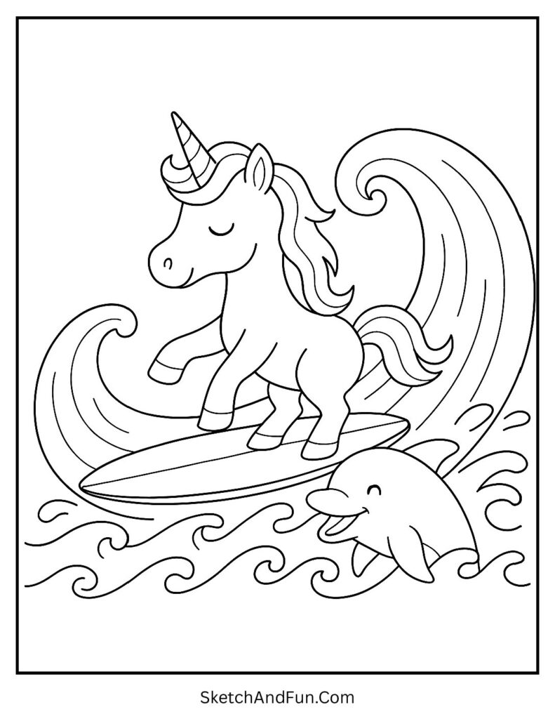 Unicorn coloring pages outline only with a unicorn and friendly dolphin.