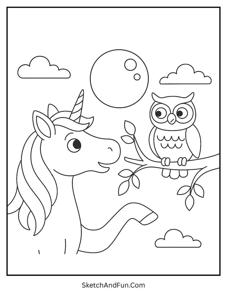Unicorn and Friendly Owl Coloring Page pdf