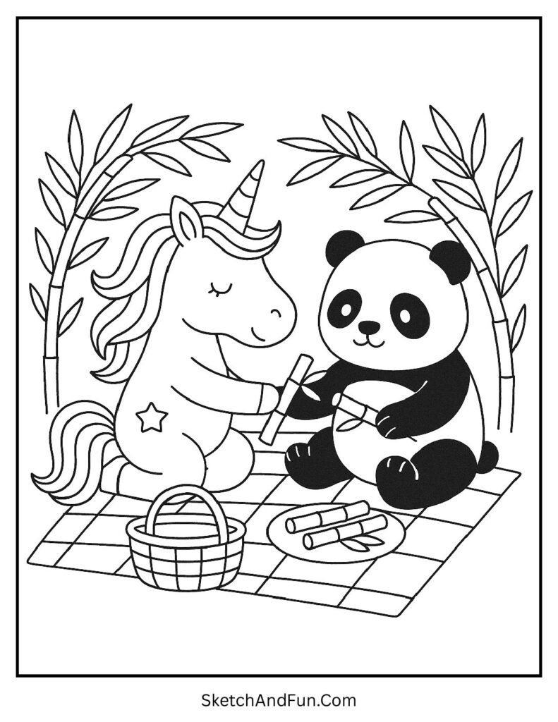 Unicorn coloring page activity sheet with a unicorn and panda picnic.