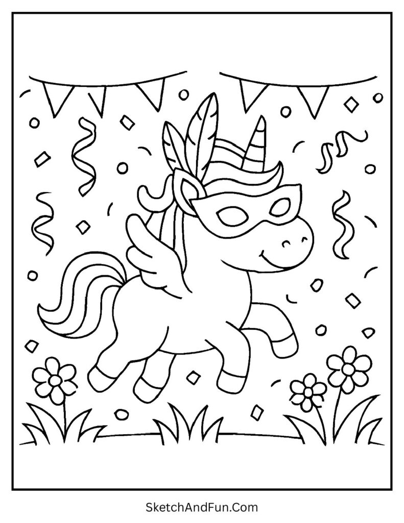 Unicorn themed coloring pages with a unicorn at carnival parade.