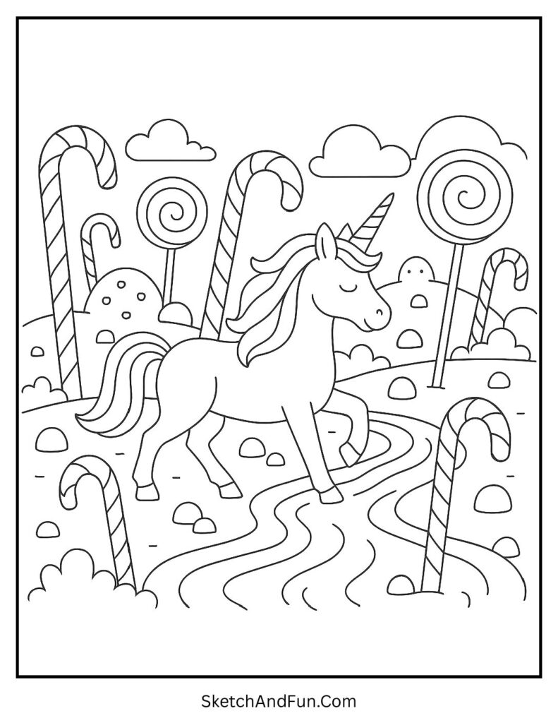 Unicorn coloring sheets to print with a unicorn exploring candyland.