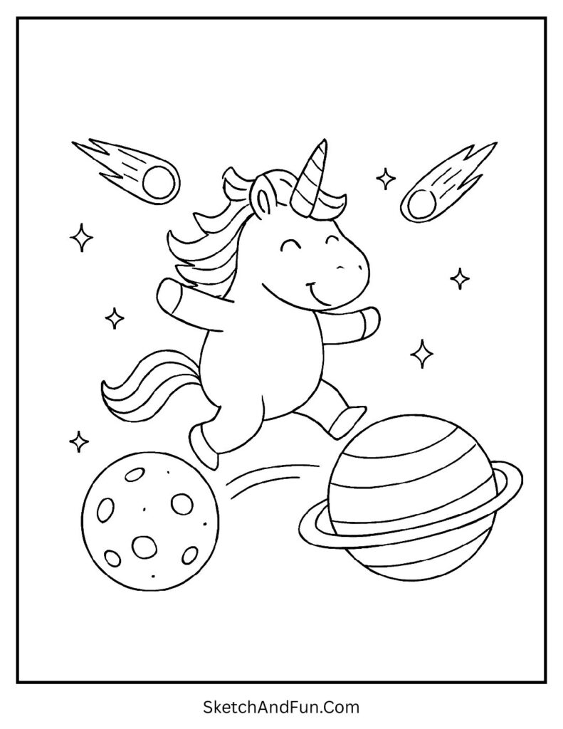 Unicorn mandala coloring pages with a unicorn in outer space playground.
