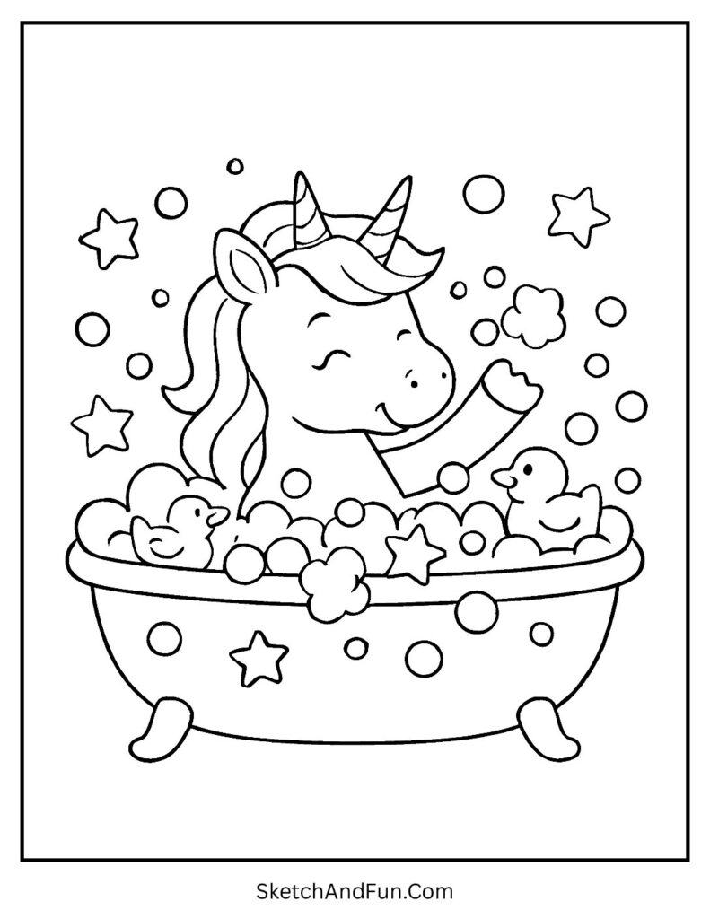 Easy unicorn coloring pages kids love with a unicorn in a bubble bath.