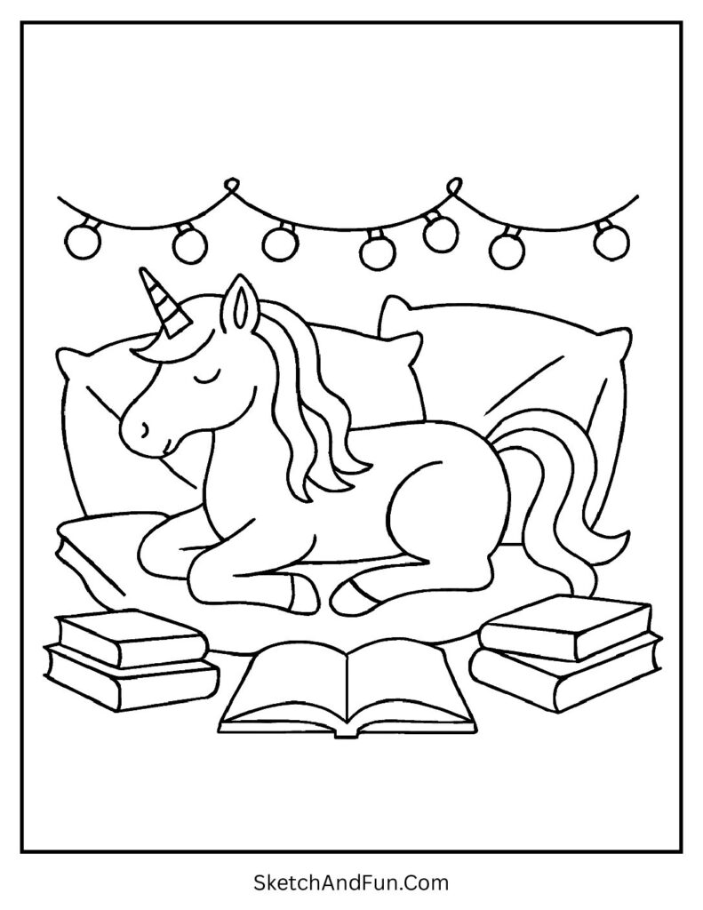 Unicorn coloring pages for adults with a unicorn in a cozy reading nook.