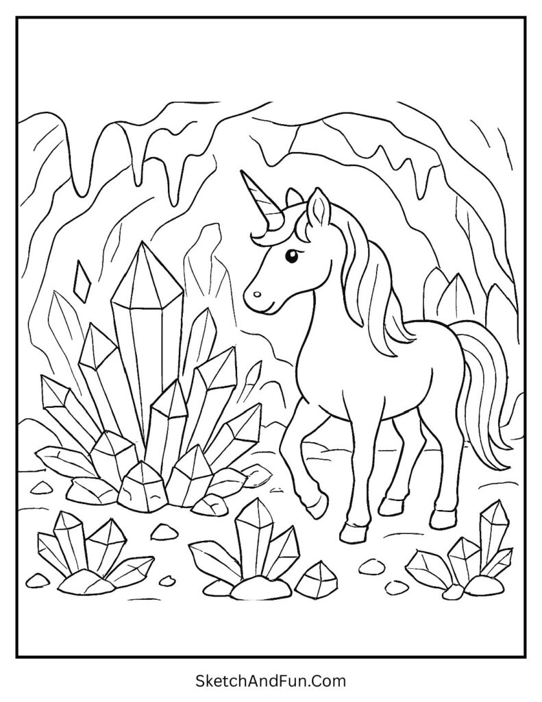 Unicorn coloring pages detailed pdf with a unicorn in a crystal cave.