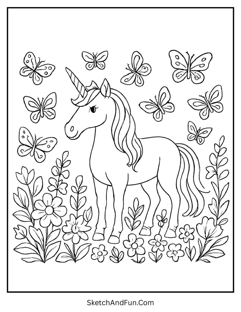 Unicorn floral coloring pages with a unicorn in a garden of butterflies.