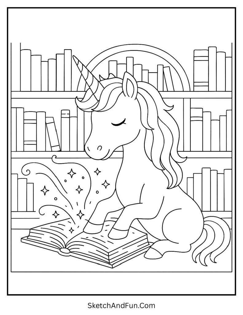 Unicorn coloring pages coloring.ws style with a unicorn in a magic library.