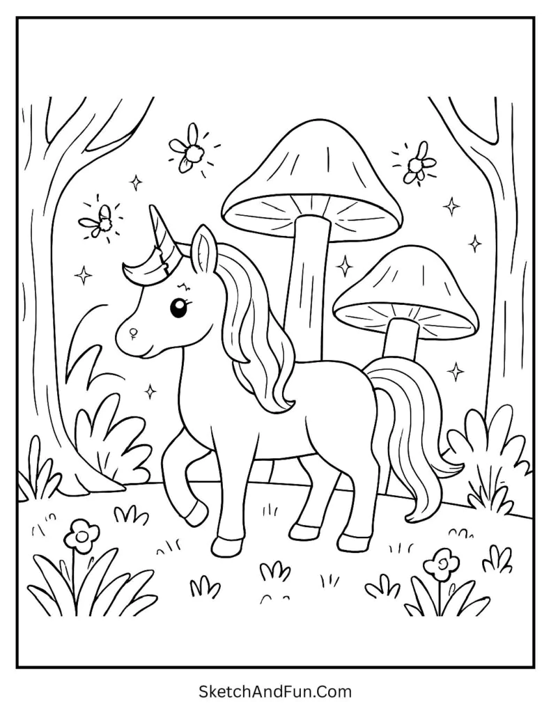 Magical unicorn coloring pages with a unicorn under glowing mushrooms and fireflies.