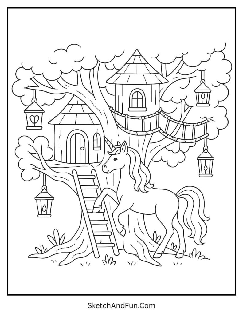 Unicorn coloring page easy for toddlers with a unicorn in a magical treehouse.