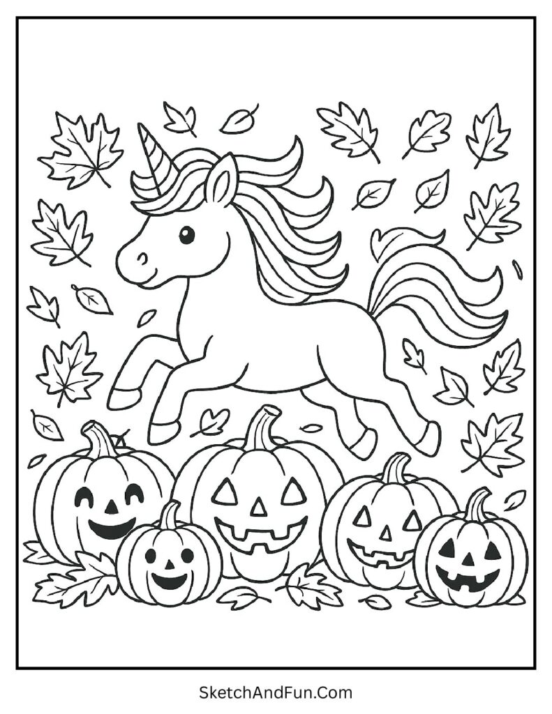 Unicorn holiday coloring pages for fall with a unicorn in a pumpkin patch.