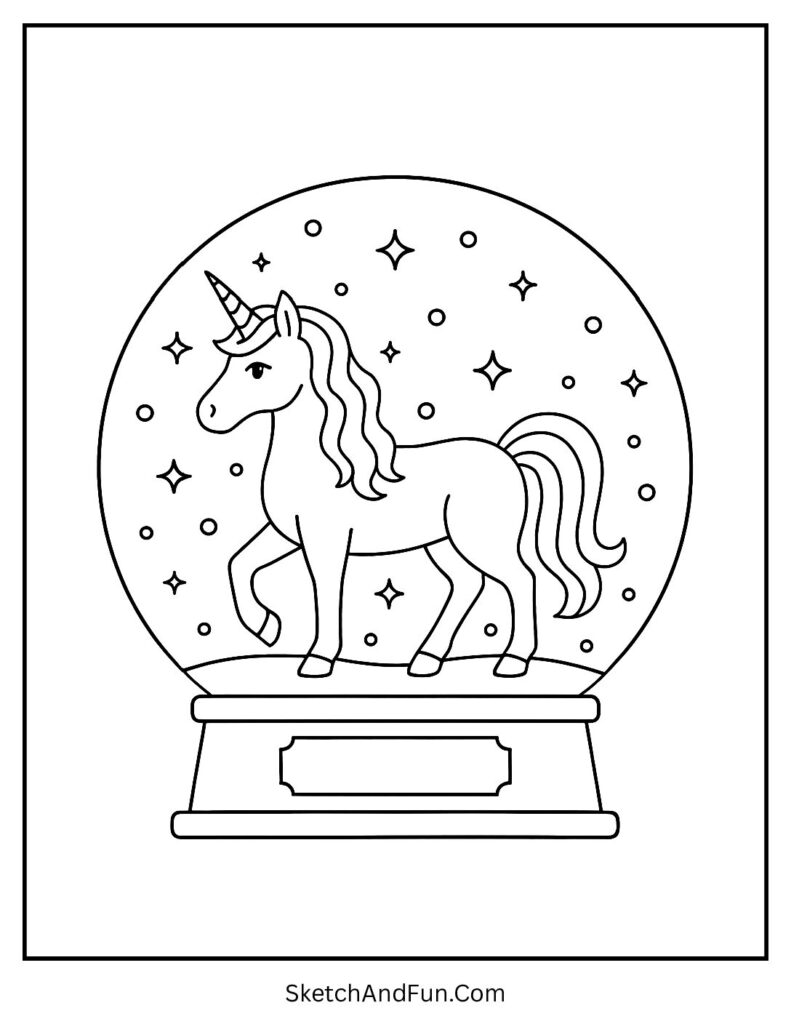Unicorn coloring pages cute printable with a unicorn in a snow globe.