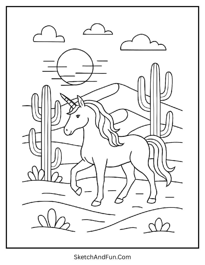 Unicorn coloring pages thematic adventure with a unicorn in the desert.