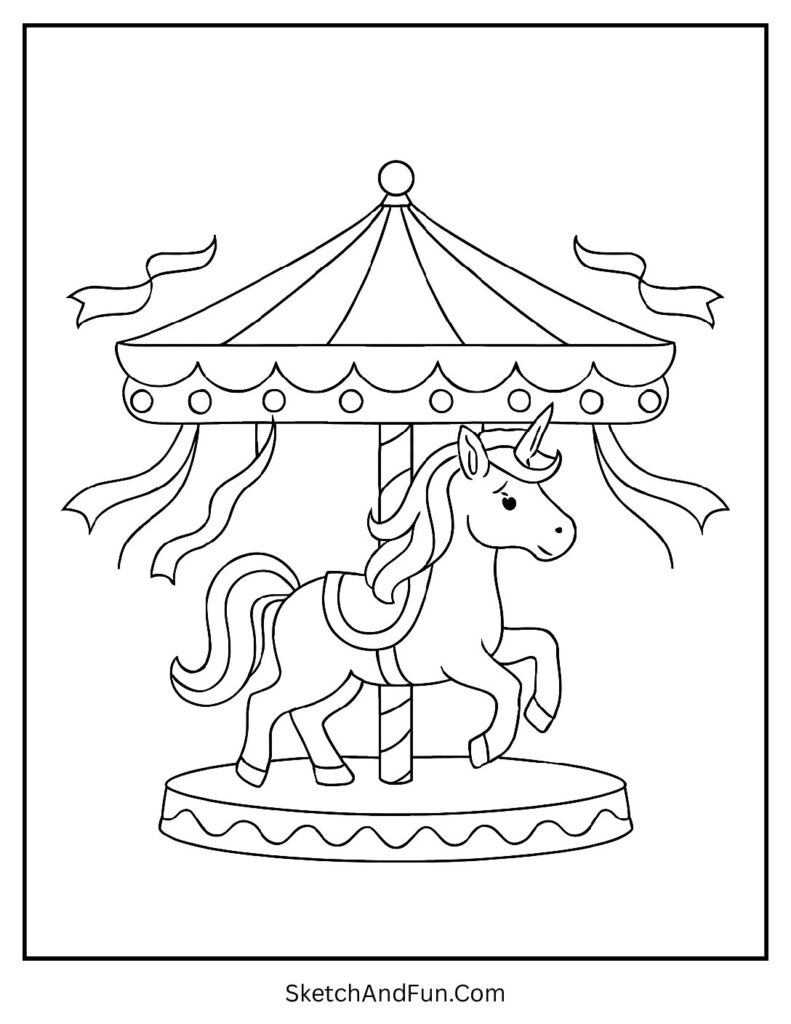 Unicorn coloring page large print with a unicorn on a merry-go-round.