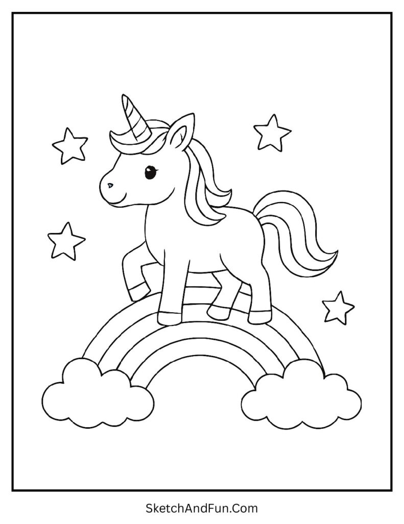 Unicorn standing proudly on rainbow for easy mandala coloring pages for beginners.