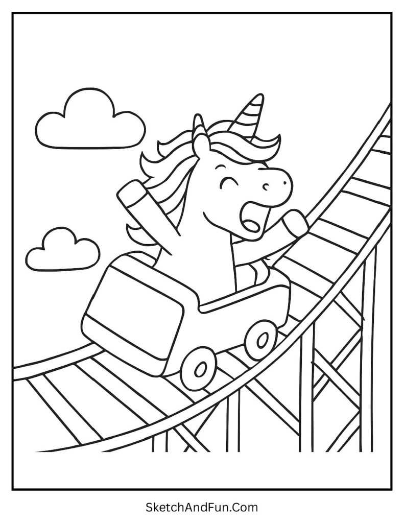 Unicorn coloring sheet cute with a unicorn on a roller coaster.