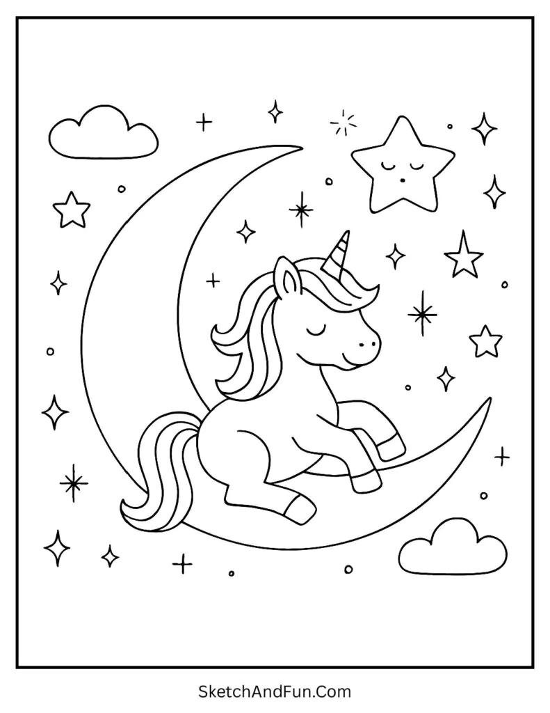 Unicorn color by number pages with a unicorn sitting on the moon.