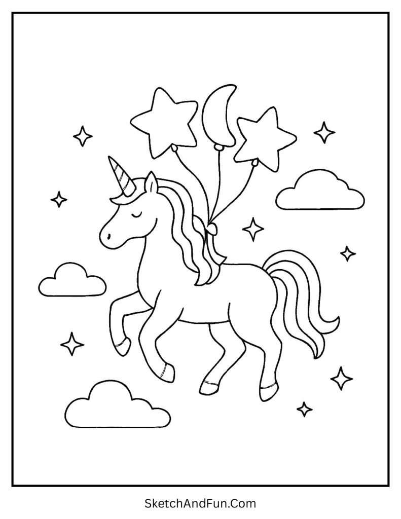 Unicorn birthday coloring pages with a unicorn holding birthday balloons.