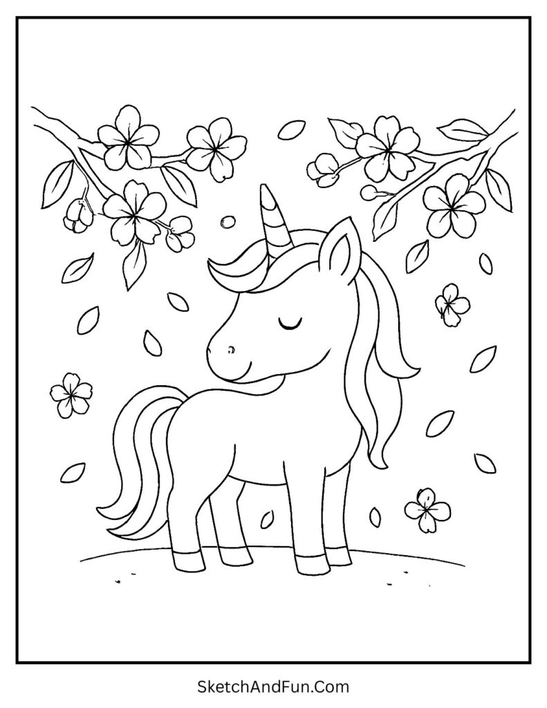 Unicorn with Cherry Blossoms Coloring Page 1 pdf