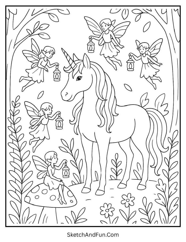 Kawaii unicorn coloring pages with a unicorn and fairy friends in a forest.