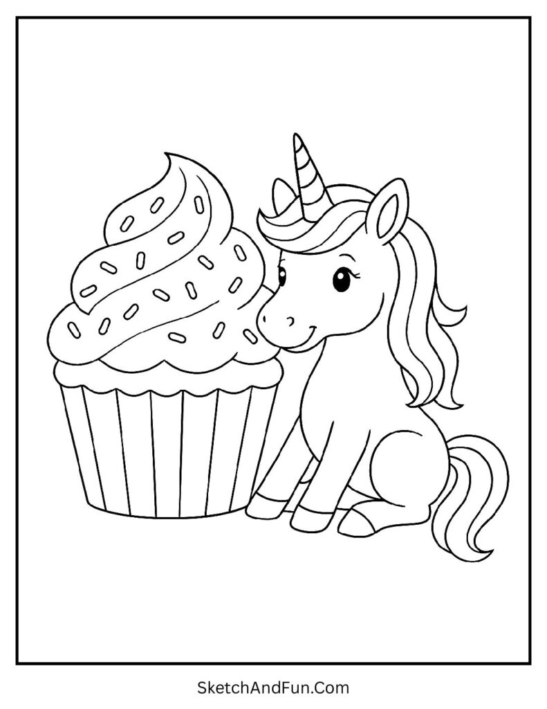 Unicorn coloring page printable with a unicorn and a giant cupcake.