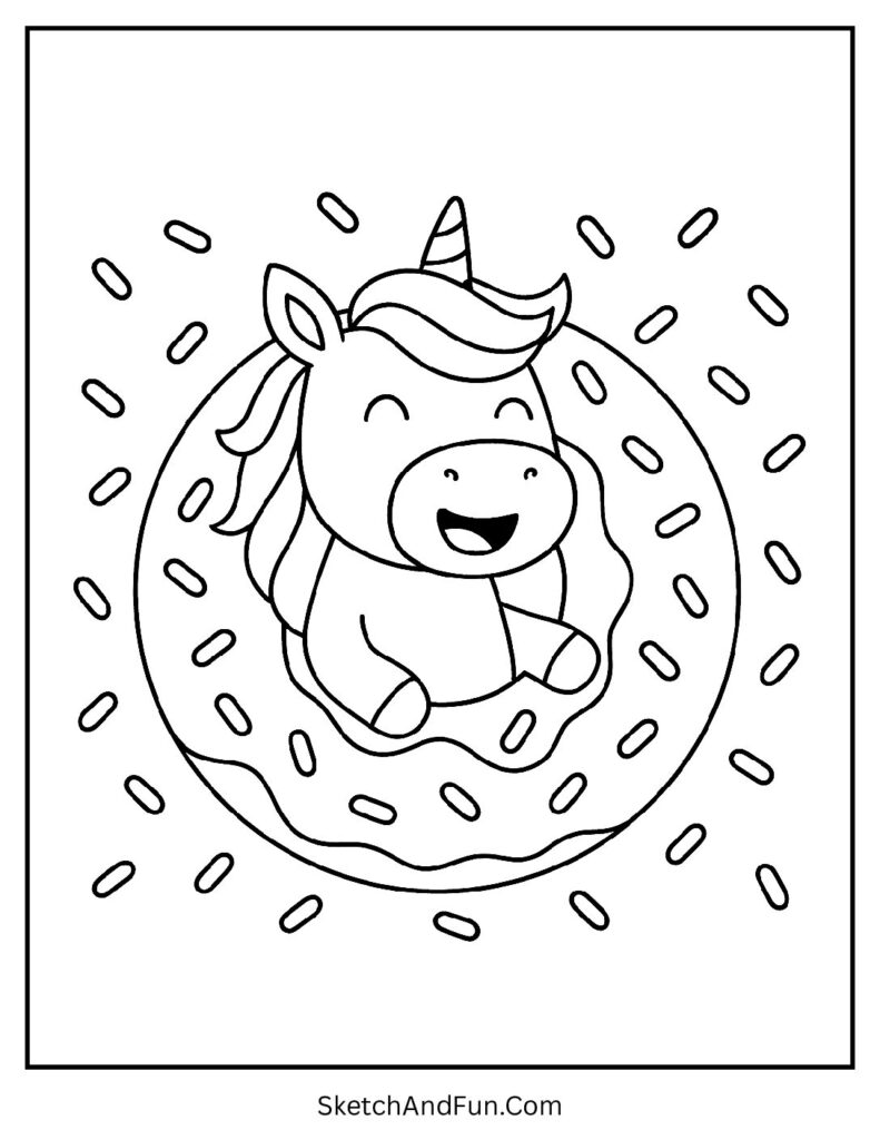 Printable unicorn coloring pages with a unicorn and giant donut.