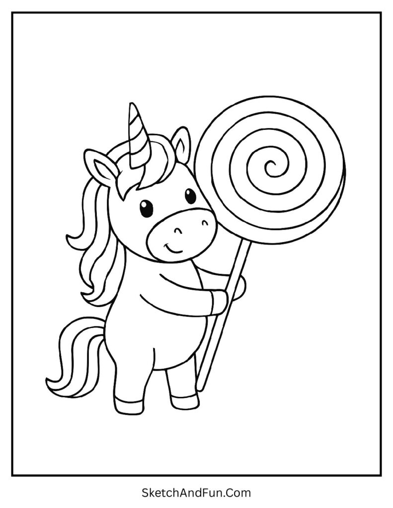 Unicorn coloring page printable with a unicorn holding giant lollipop.