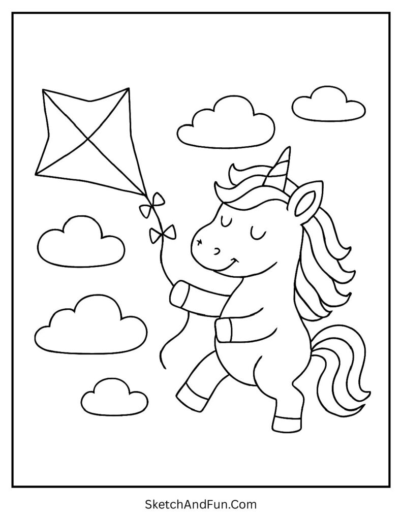 Unicorn coloring sheet printable with a unicorn flying a kite in the sky.