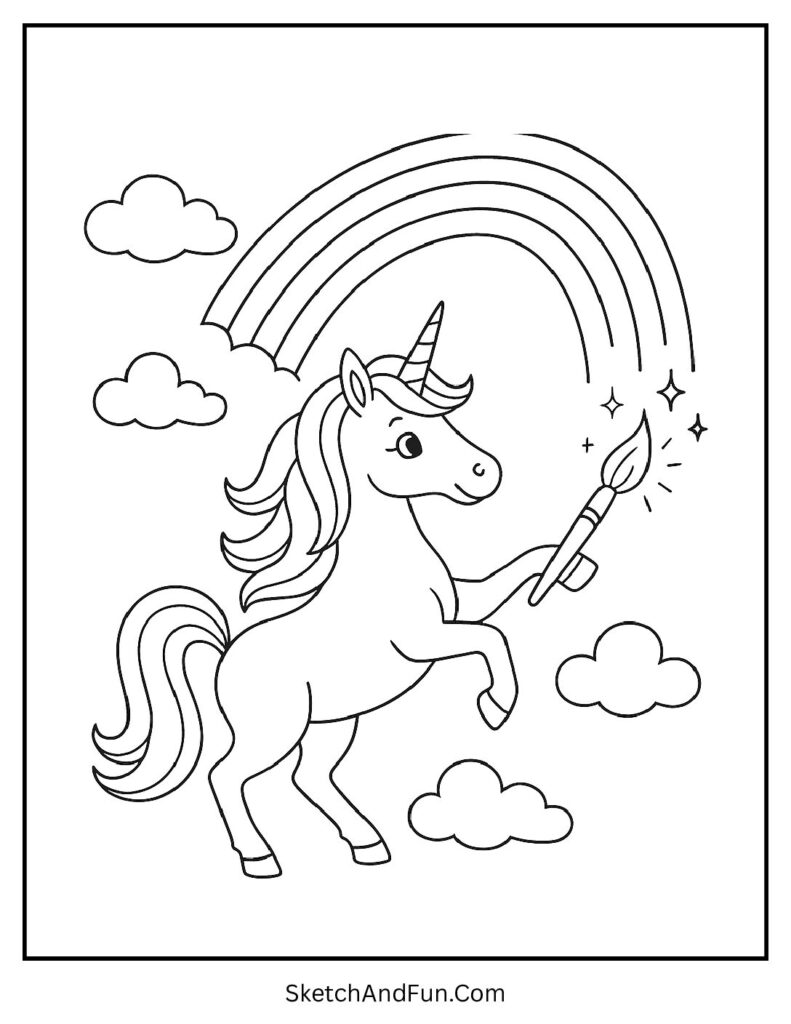 Unicorn ombre coloring pages with a unicorn painting a rainbow.
