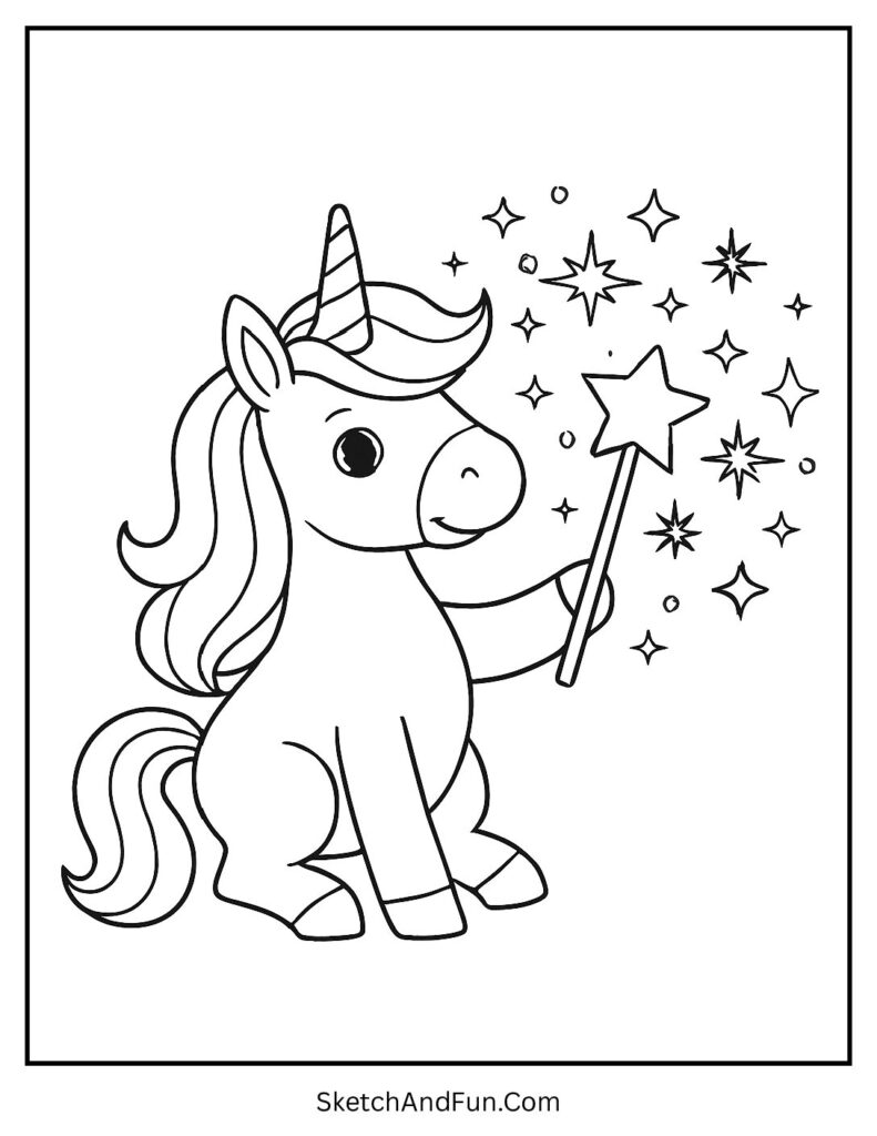 Unicorn printable coloring sheet with a unicorn holding a magic wand.