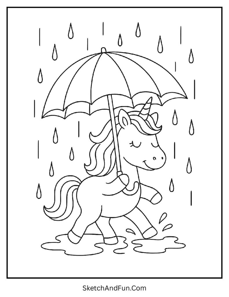 Unicorn coloring pages with rainbows showing a unicorn with umbrella.