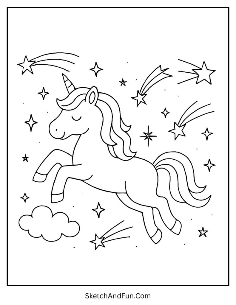 Unicorn coloring page activity sheet with a unicorn and shooting stars.