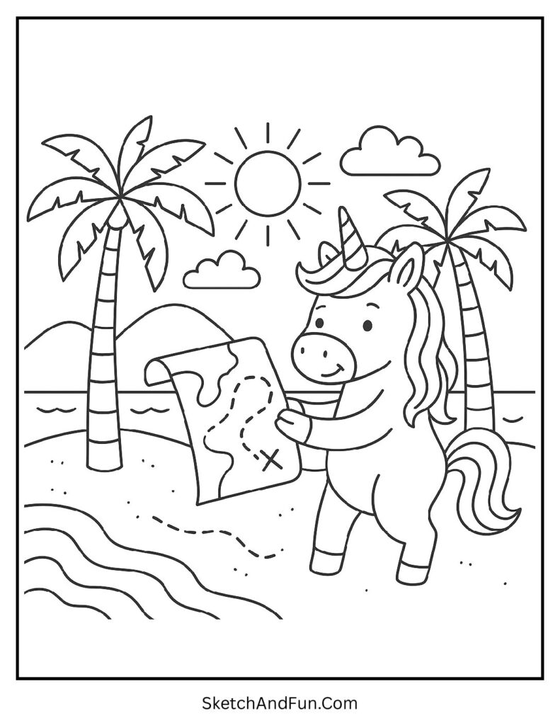 Unicorn coloring page download adventure with a unicorn and treasure map.