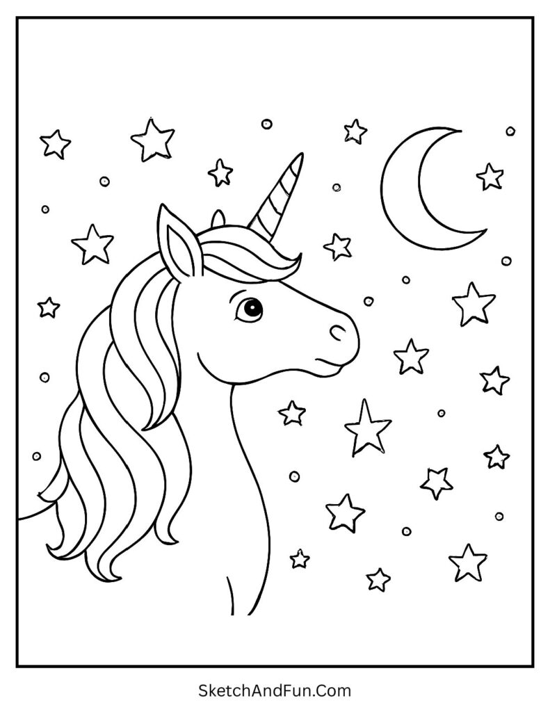Unicorn dream coloring pages with a unicorn under a starry night sky.