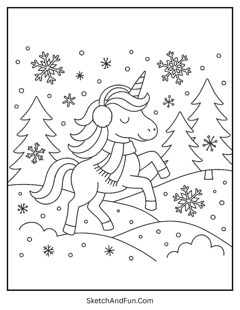 Unicorn Christmas coloring pages with a unicorn in winter wonderland.