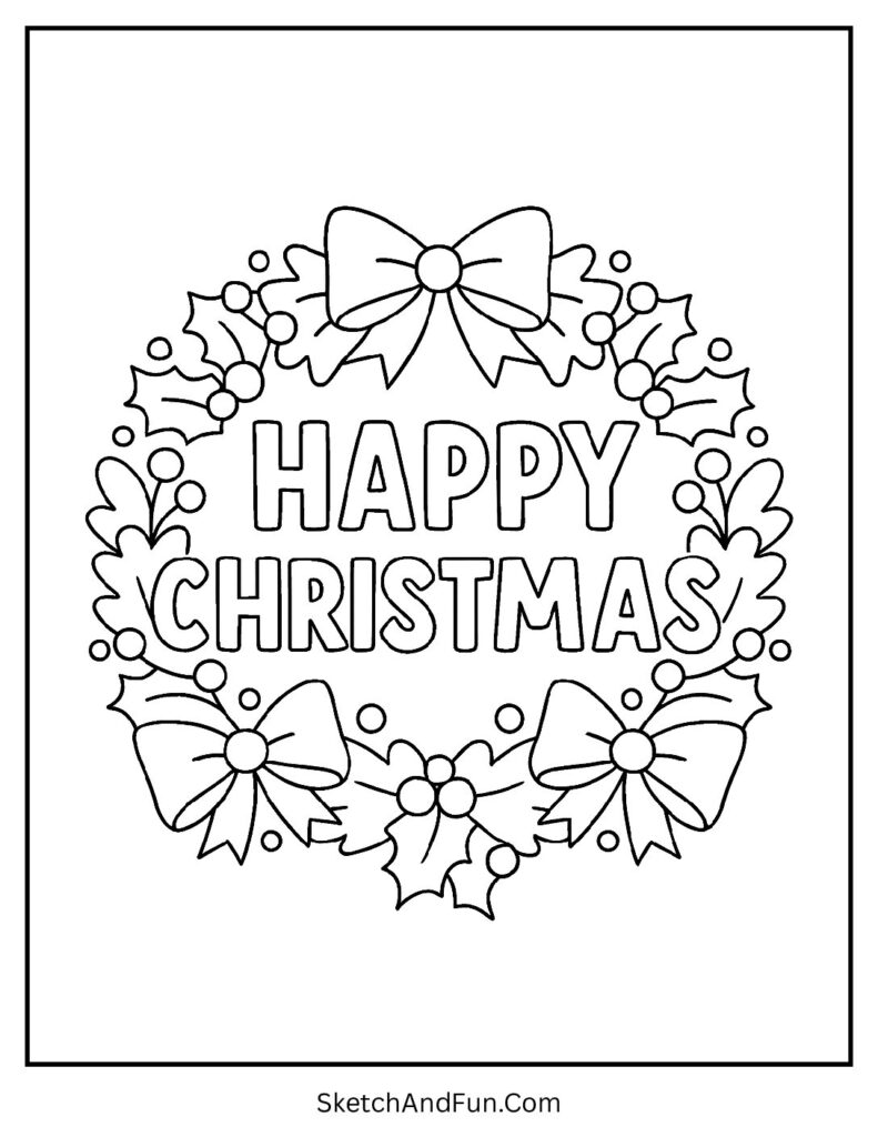 Christmas coloring pages wreath with Happy Christmas bow design